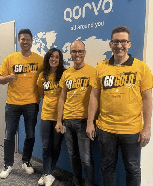 4 people standing in front of a blue wall. They all wear yellow shirts that say Go Gold on the front.