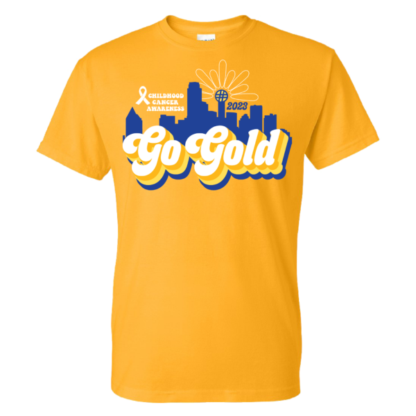 A Gold T-shirt that says Go Gold on it - front view