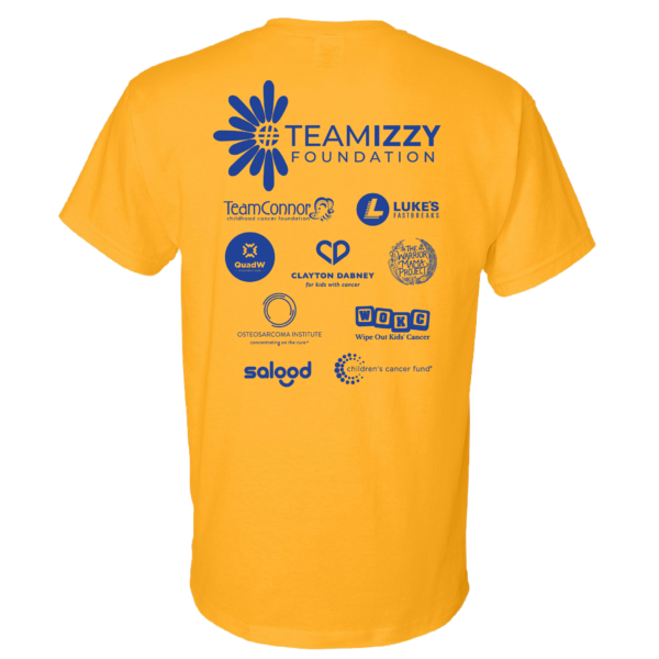 A gold T-shirt with logos - rear view