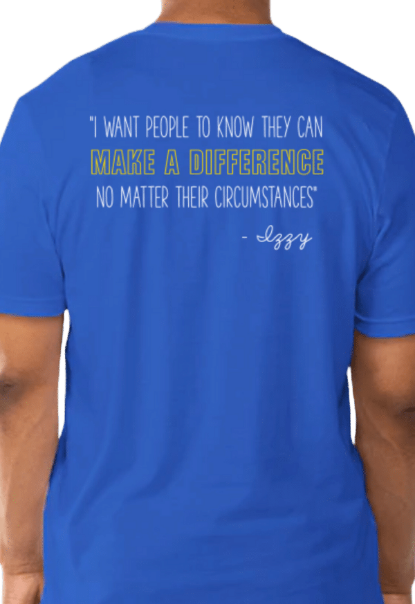 Back view of royal blue t-shirt with a quote on it