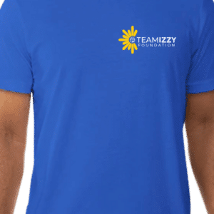 Back view of royal blue t-shirt with a TeamIzzy Foundation on it