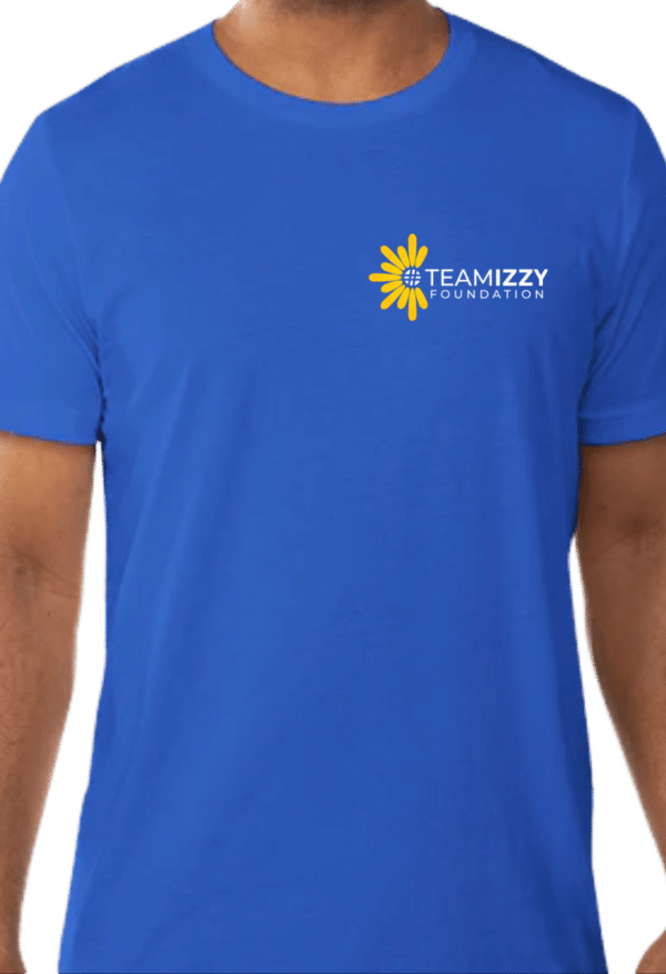 Back view of royal blue t-shirt with a TeamIzzy Foundation on it