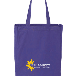 A purple tote bag that says TeamIzzy Foundation on it