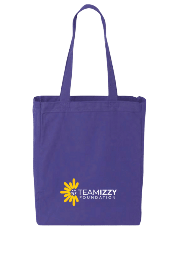 A purple tote bag that says TeamIzzy Foundation on it