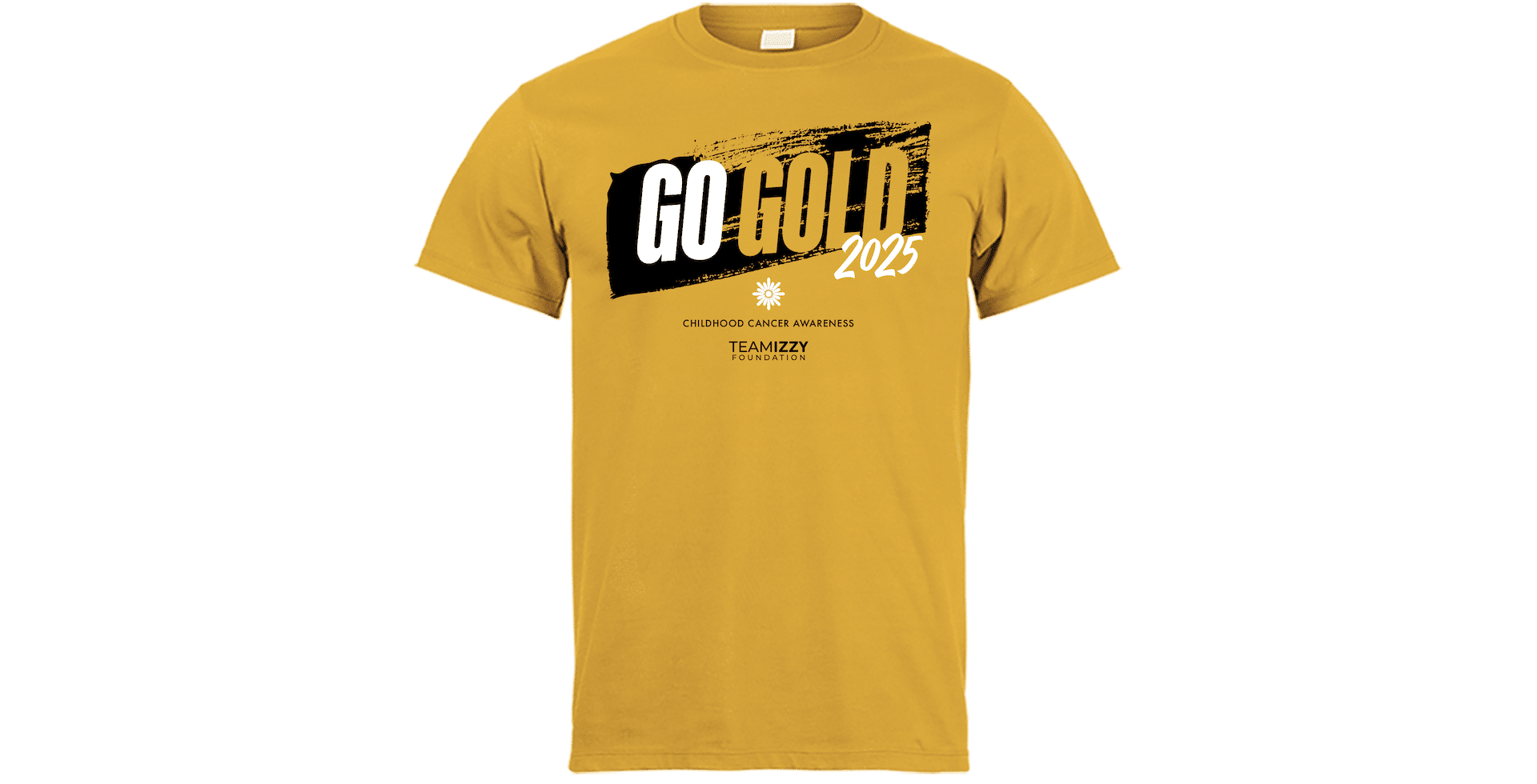 An image of the front of a gold t-shirt that says Go Gold 2025 on it.
