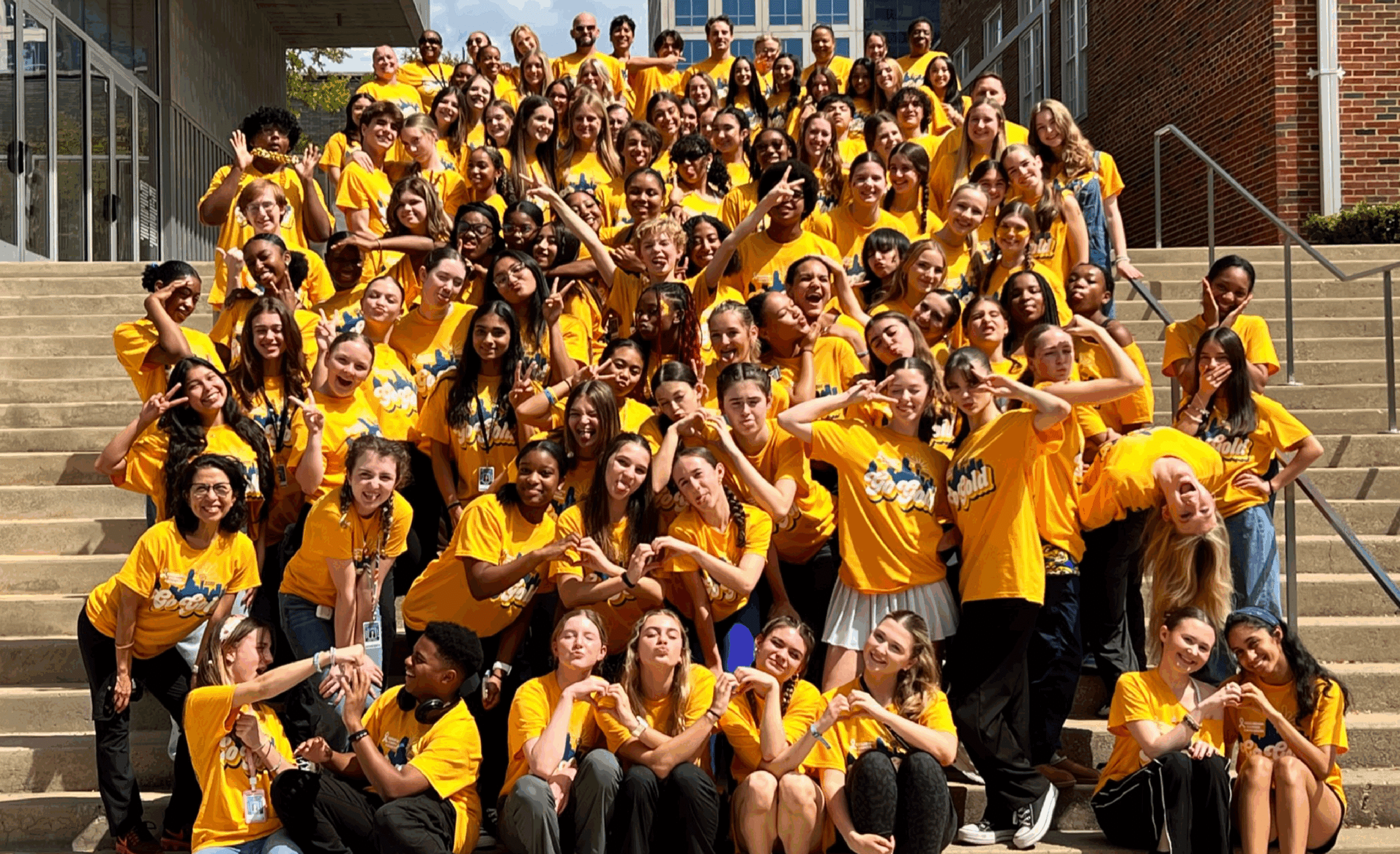 image of a group of children in yellow t-shirts sitting on steps outside