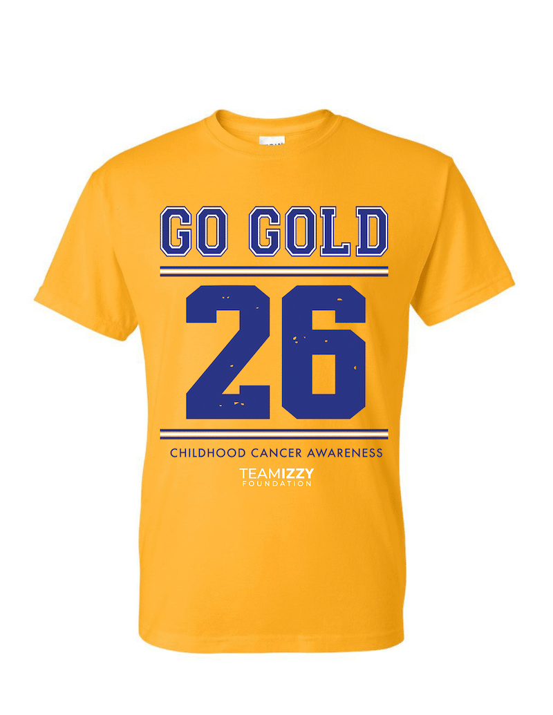 An image of the front of a gold t-shirt that says Go Gold 2025 on it.