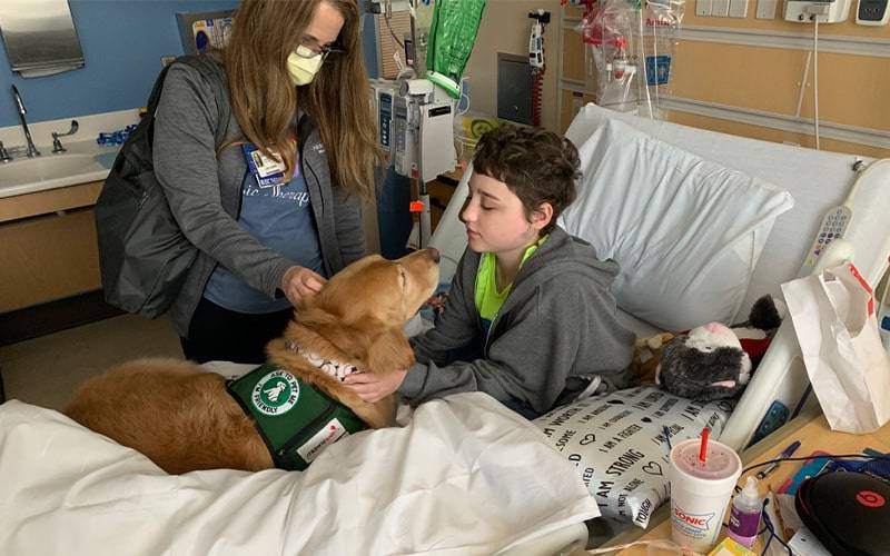 a boy in a hospital bed being visited by a dog