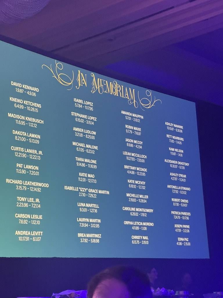A large monitor with names of people. The title above says In Memoriam