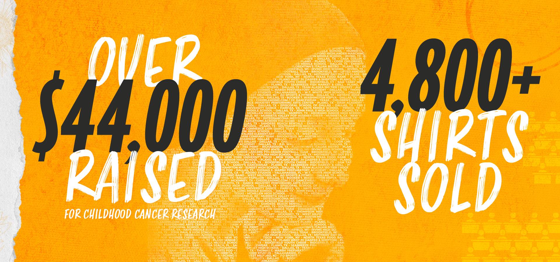 A large banner that says over $44,000 raised on the left and 4,800+ shirts sold on the right